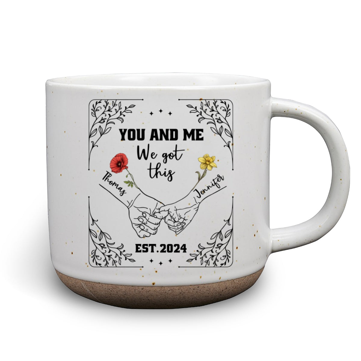 Birth Flower Hands In Hands - Personalized Custom Pottery Mug