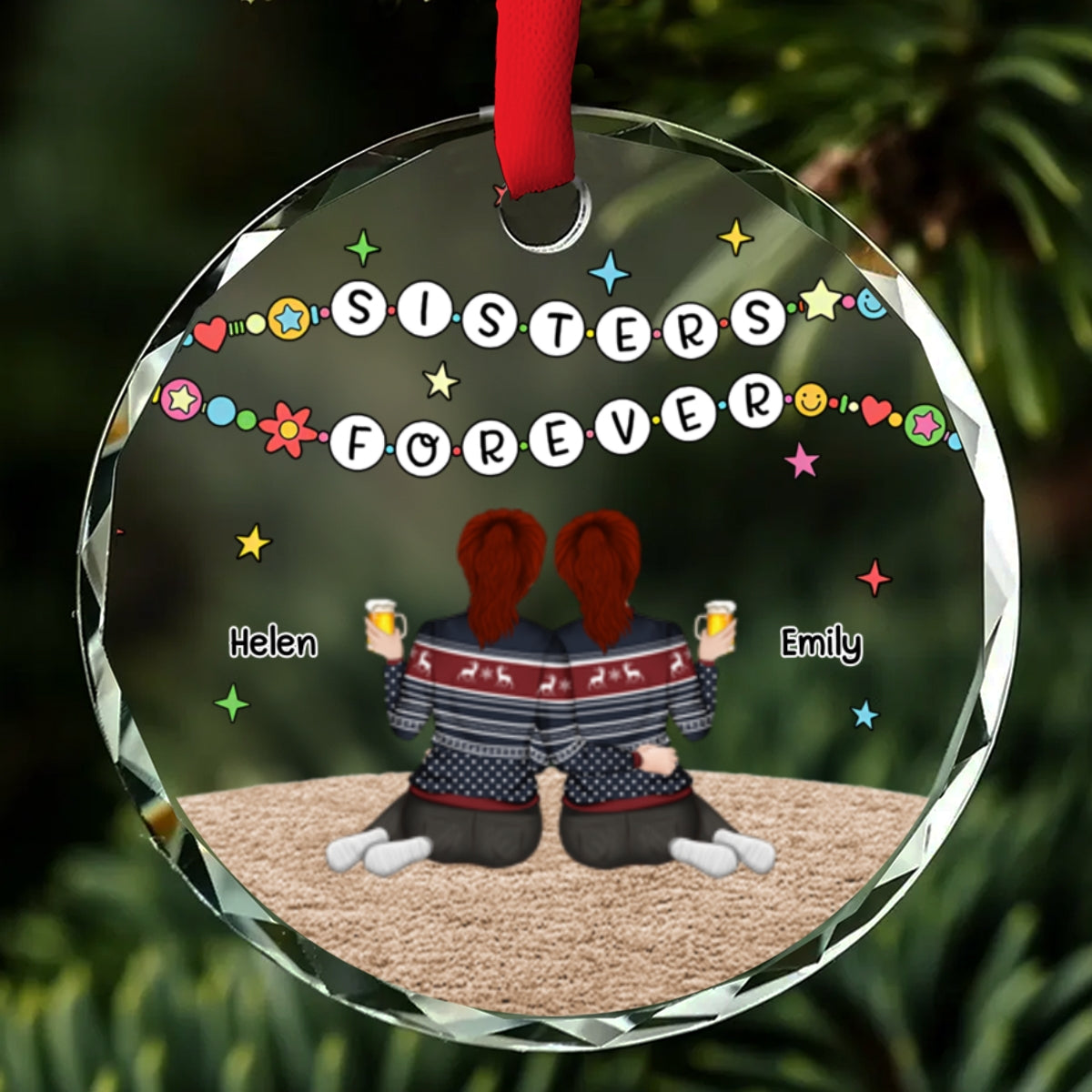 Sisters Sitting Colorful - Personalized Custom Glass Ornament