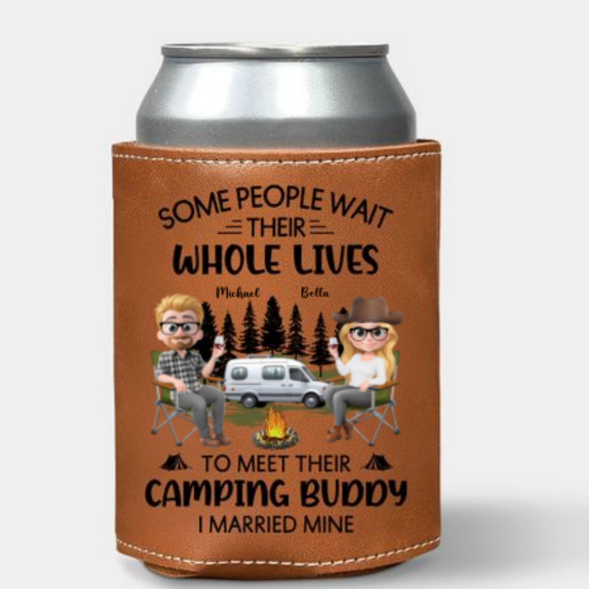 Sharing Every Campfire Night - Personalized Custom Leather Can Cooler Holder