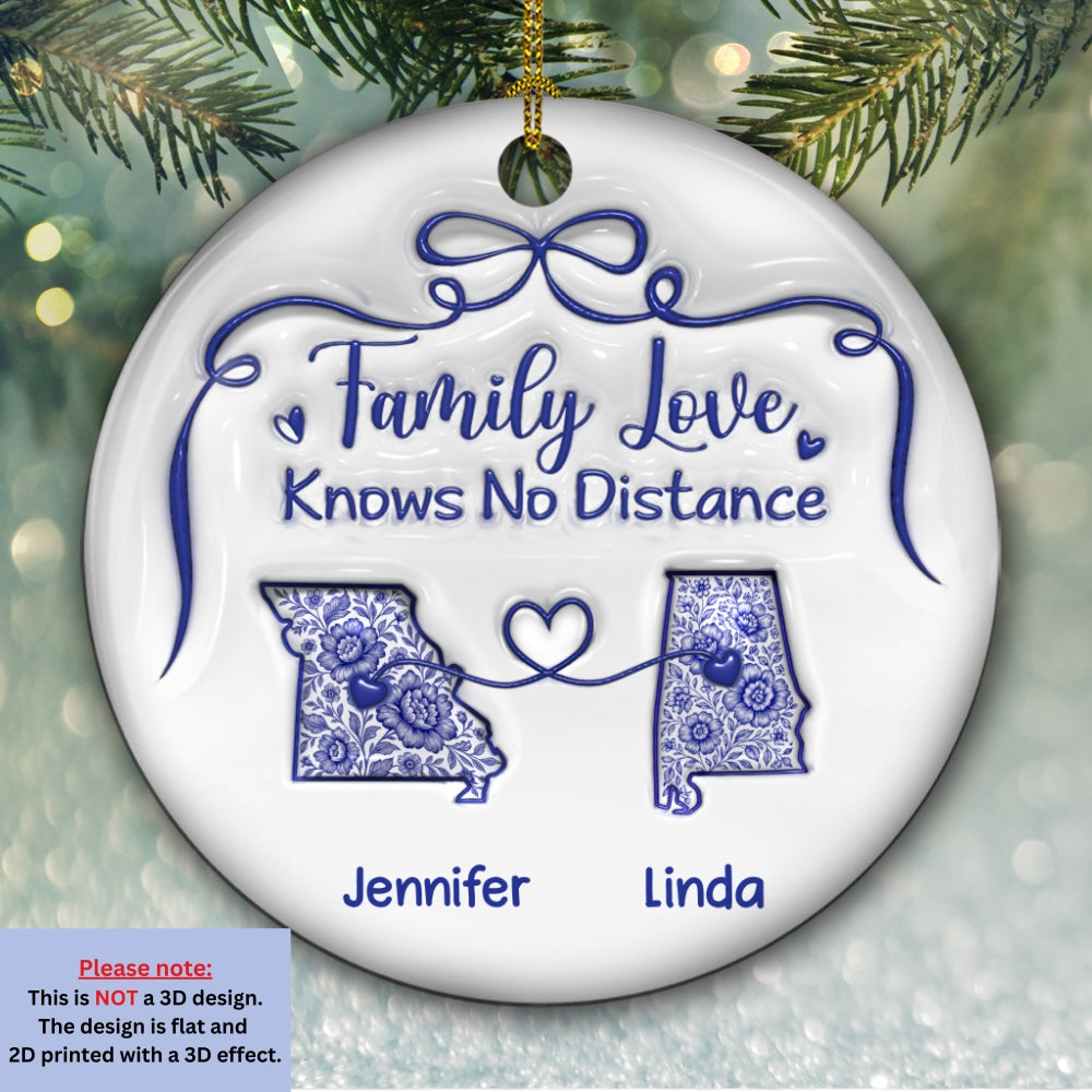 Family Love Knows No Distance Toile De Jouy - Personalized Custom 3D Inflated Effect Ceramic Ornament