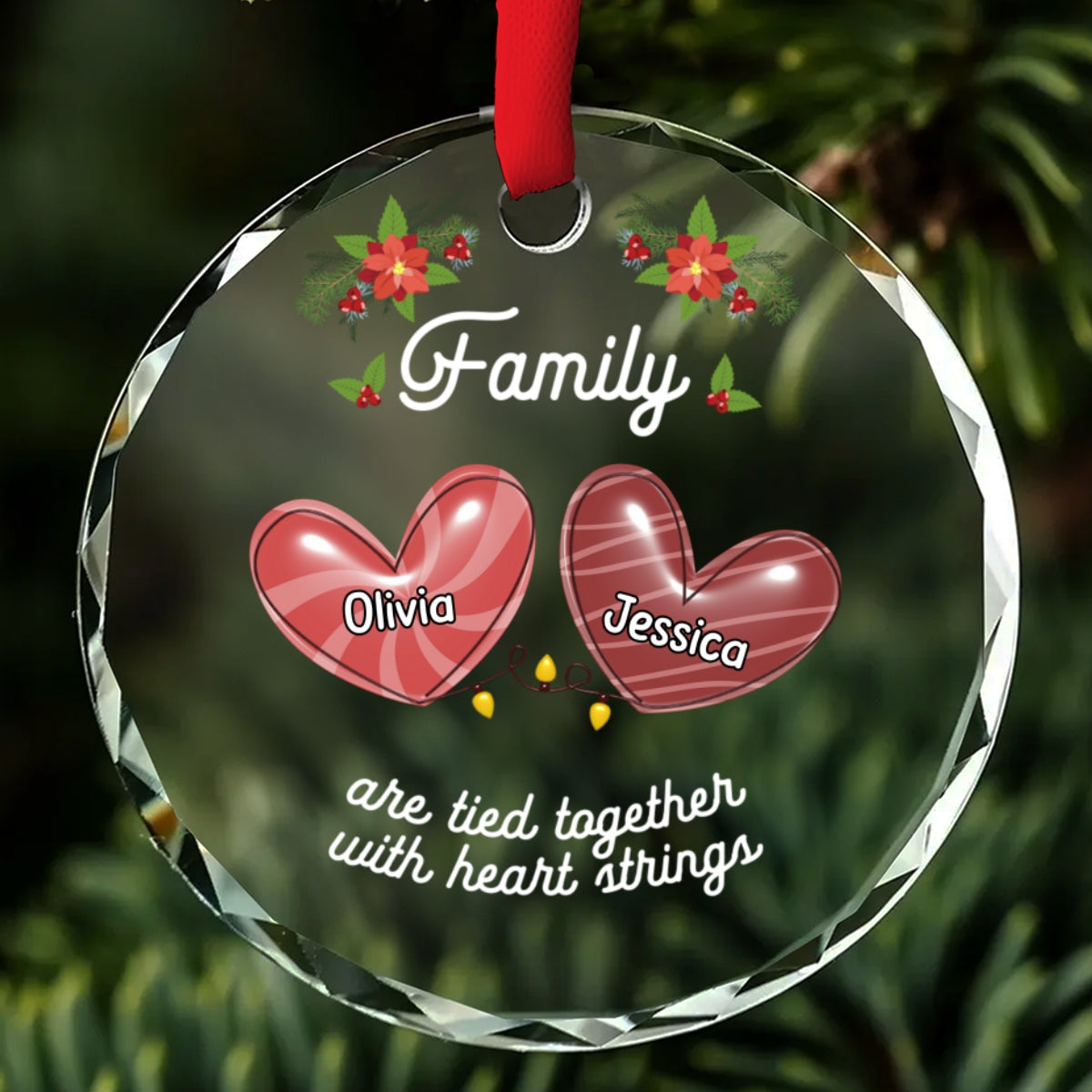 Family Are Tied Together With Heart Strings - Personalized Custom Glass Ornament