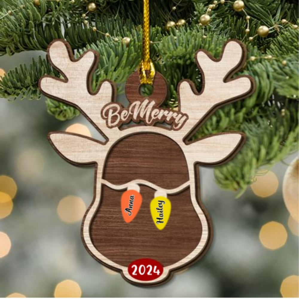 Reindeer Christmas Family Light - Personalized Custom 2-Layered Wood Ornament