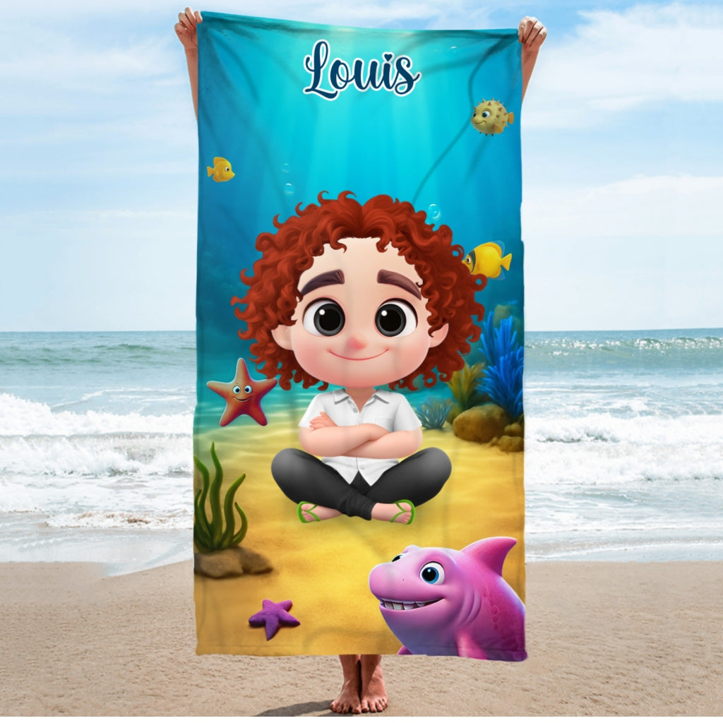 Cartoon Kid Character Marine - Personalized Custom Beach Towel
