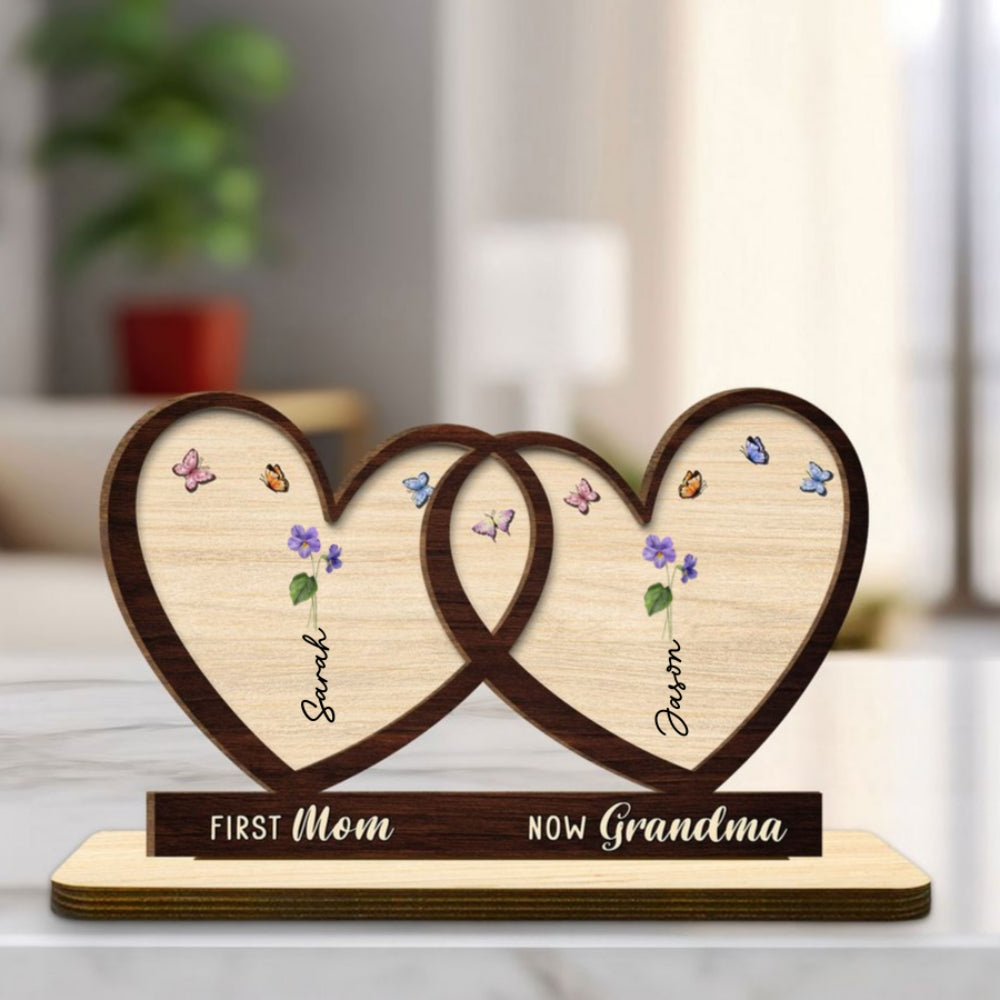 First Mom Now Grandma Flower - Personalized Custom 2-Layer Wood Plaque With Flat Base