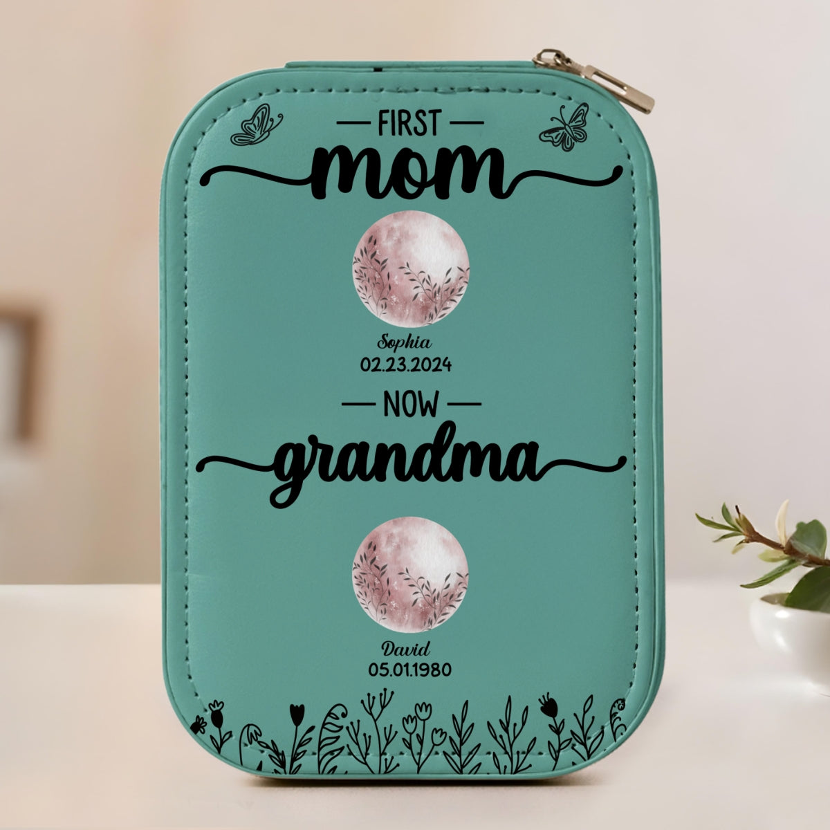First Mom Now Grandma Floral Birth Moon - Personalized Custom Jewelry Box With LED Mirror