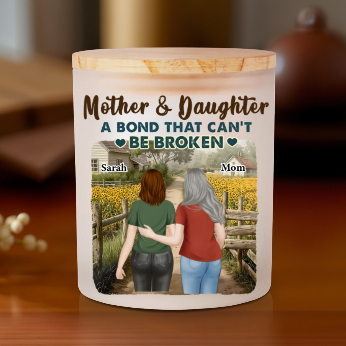 Sunflowers Mother And Child - Personalized Custom Glass Jar With LED Candle