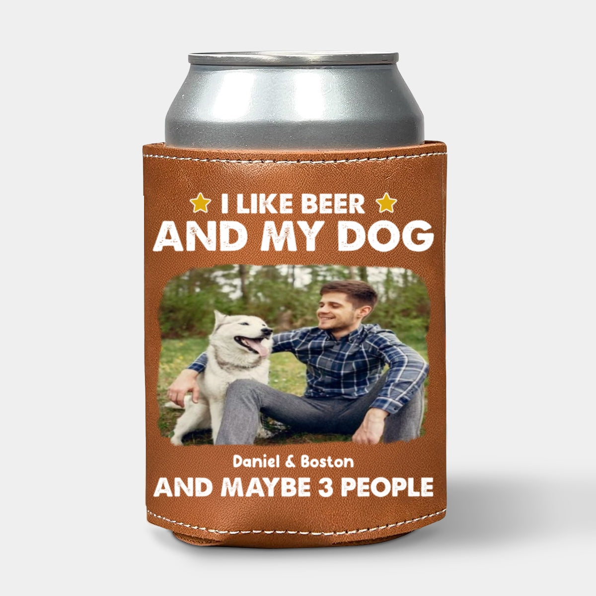 I Like Beer Photo - Personalized Custom Leather Can Cooler Holder