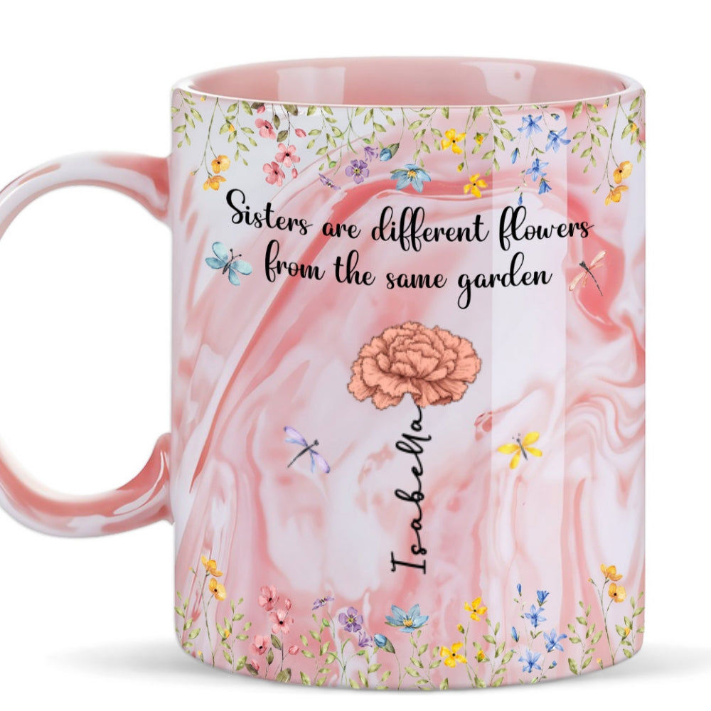 Sisters Are Different Flowers - Personalized Custom Pink Marble Mug