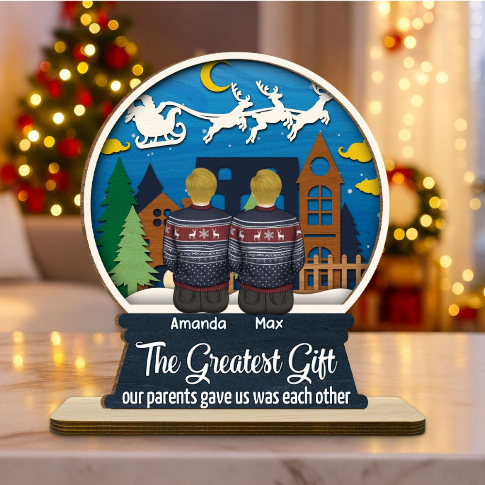 Sibling Snowglobe - Personalized Custom 2-Layer Wood Plaque With Flat Base