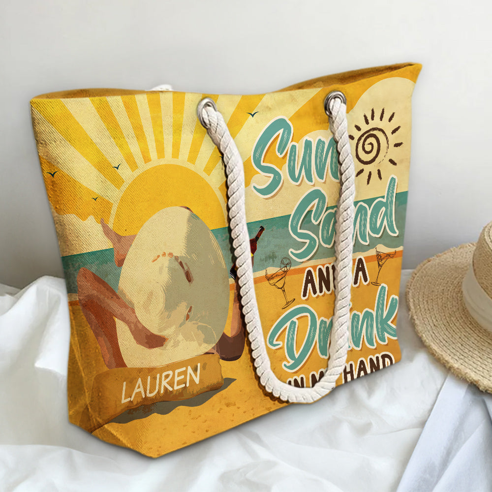 Sun Sand And A Drink In My Hand - Personalized Beach Bag