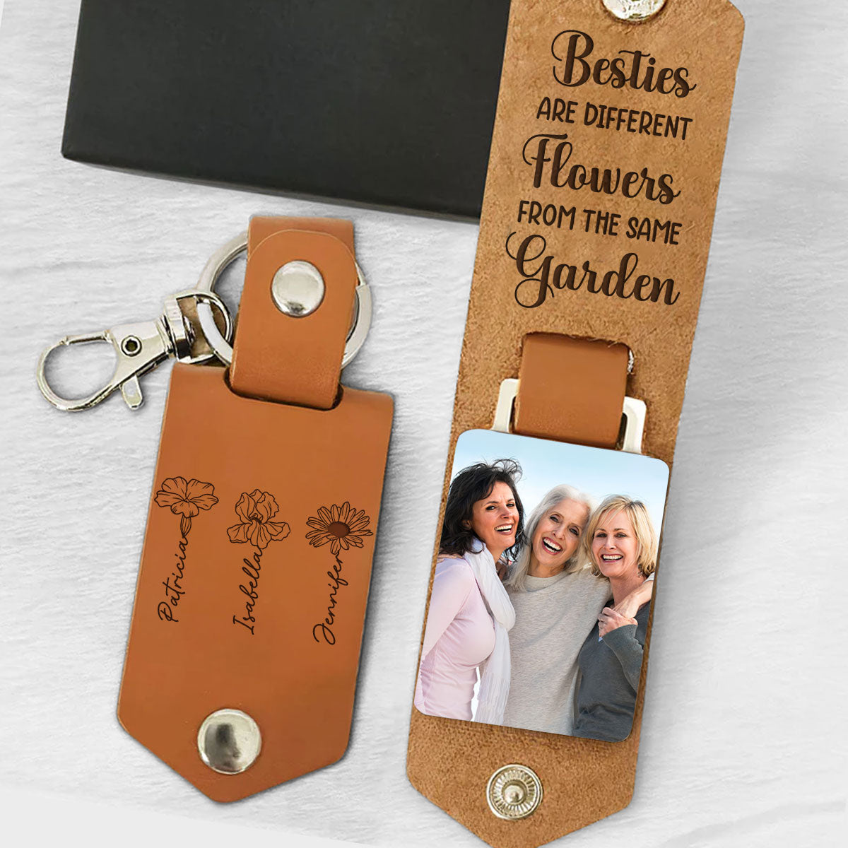 Sisters Are Flowers - Personalized Leather Photo Keychain