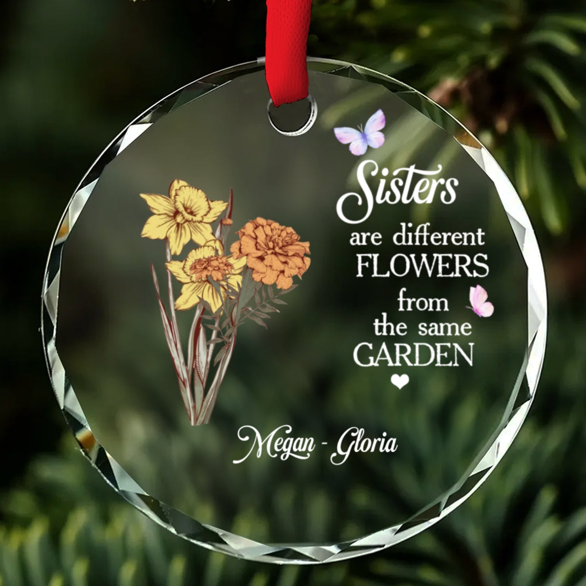 Floral Sisters Forever - Personalized Custom Glass Ornament