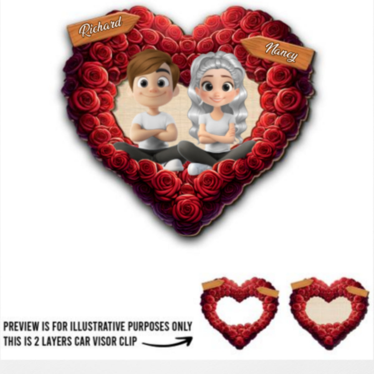 Romantic Rose Heart Couple - Personalized Custom Car Visor Clip