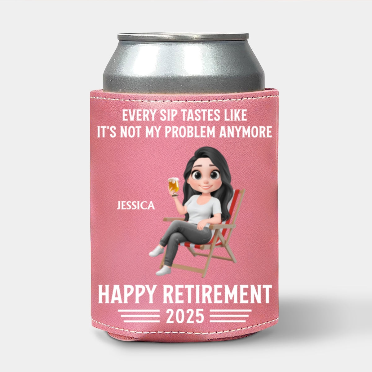 Not My Problem Anymore - Personalized Custom Pink Leather Can Cooler Holder