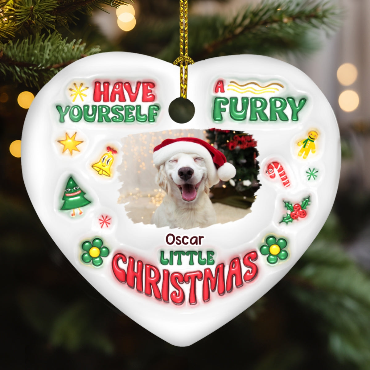 Have Yourself A Furry Little Christmas Photo - Personalized Custom 3D Inflated Effect Heart Ceramic Ornament