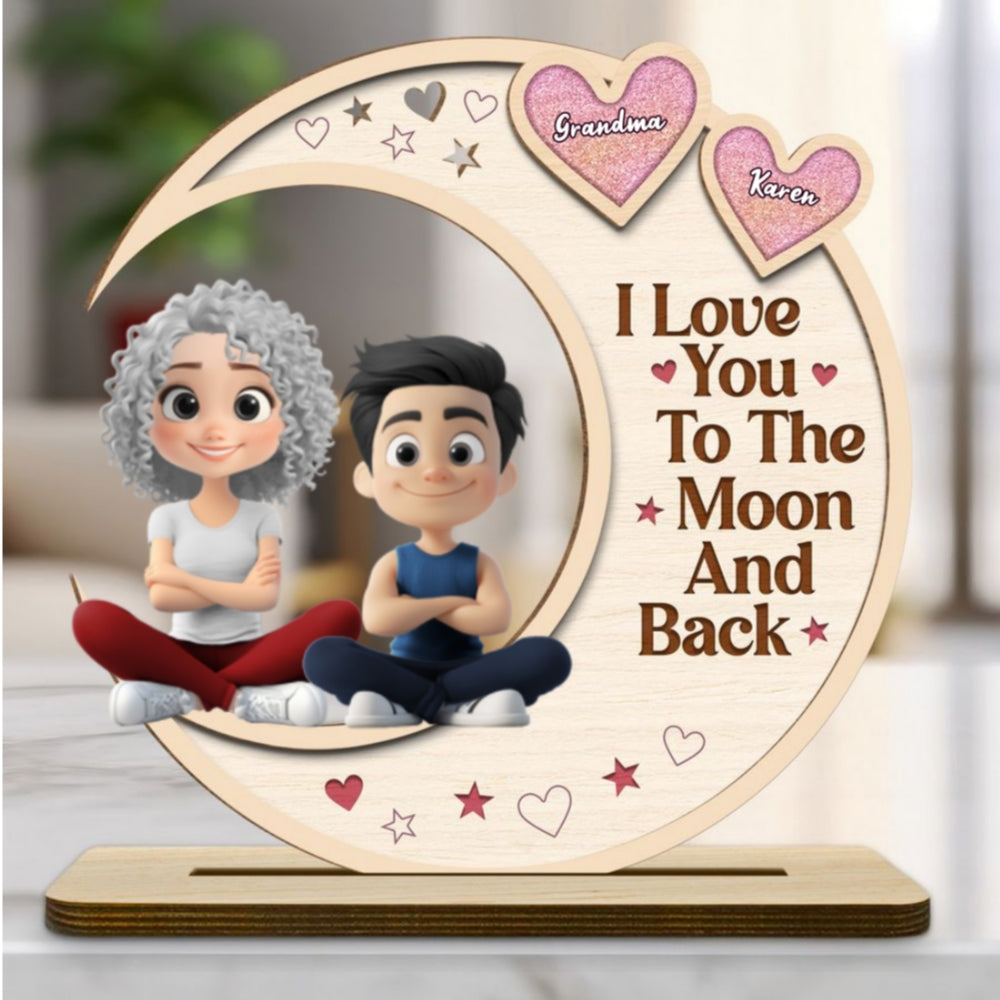 Grandma And Granddaughter Sitting In The Moon - Personalized Custom 2-Layer Wood Plaque With Flat Base