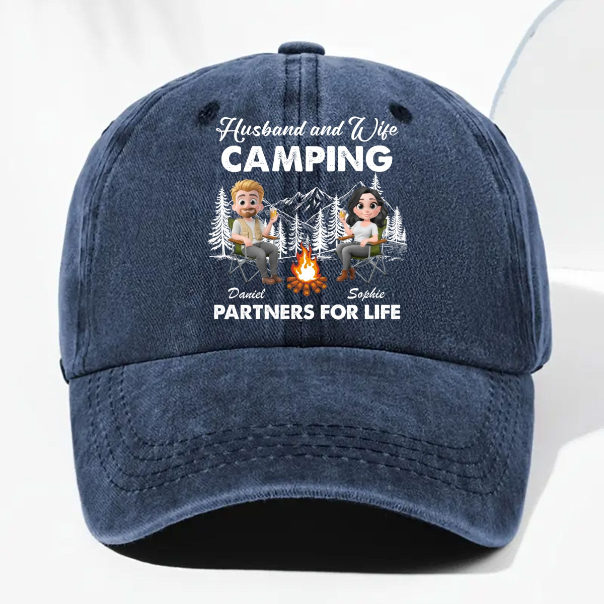 Husband And Wife Camping Life - Personalized Custom Vintage Washed Denim Cap