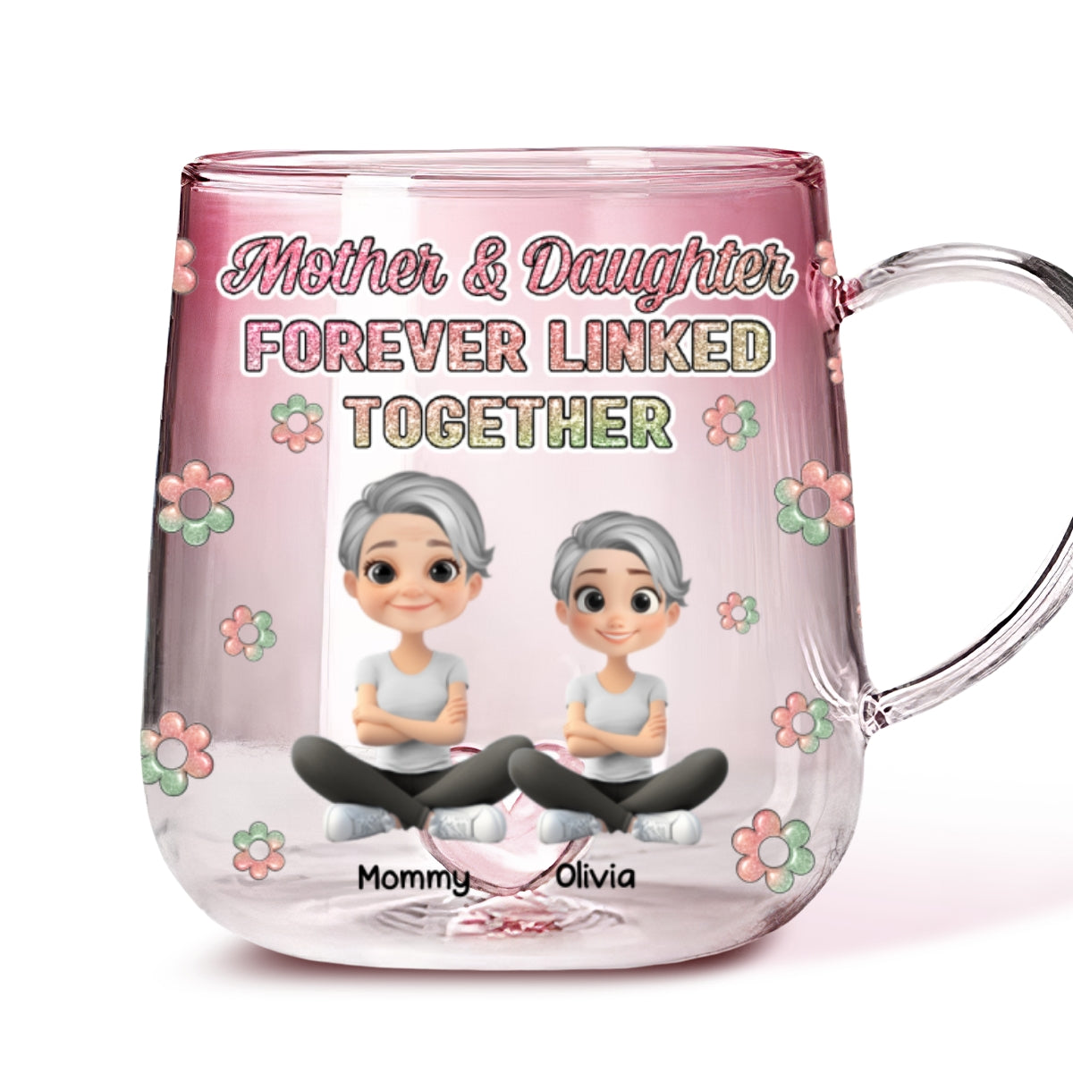 Mother And Daughter Linked Forever Cartoonize - Personalized Custom Pink Gradient Glass Mug