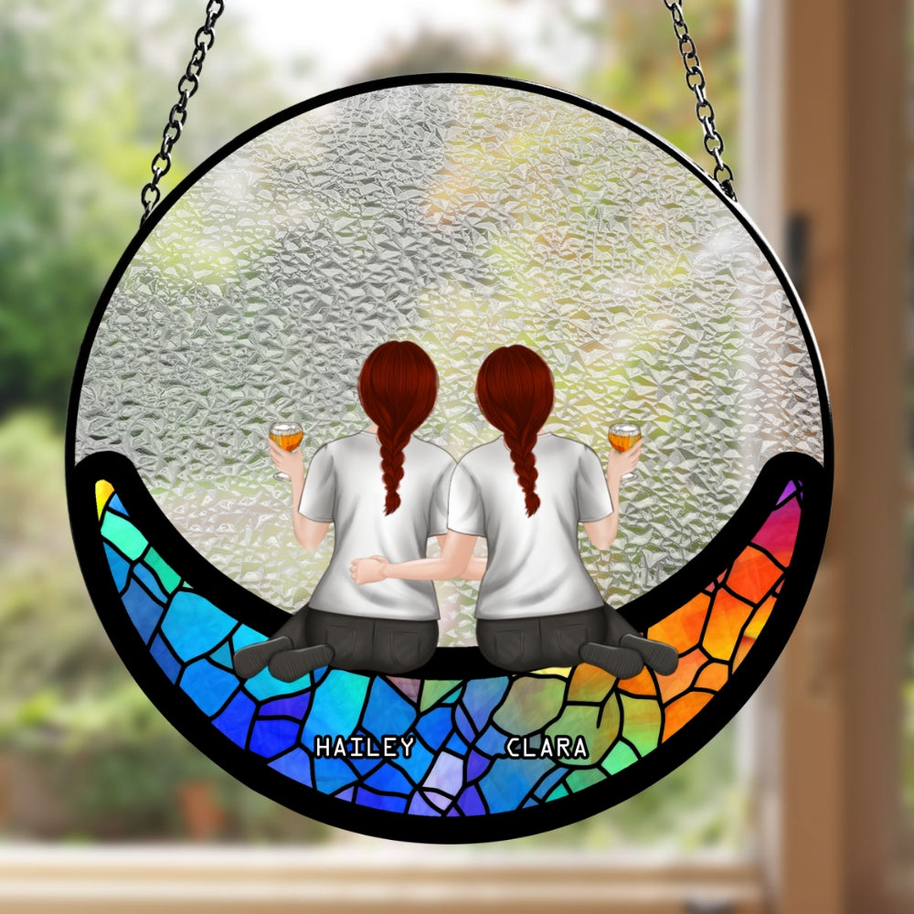 Friends Sitting On The Moon - Personalized Custom Window Hanging Suncatcher