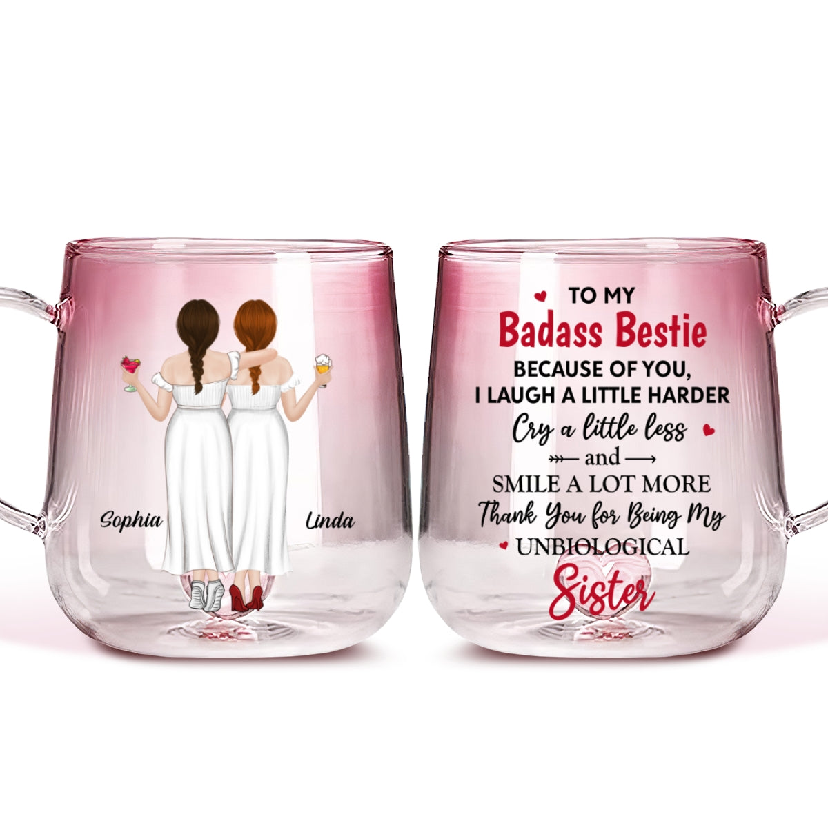 Because Of You I Laugh A Little Harder - Personalized Custom Pink Gradient Glass Mug