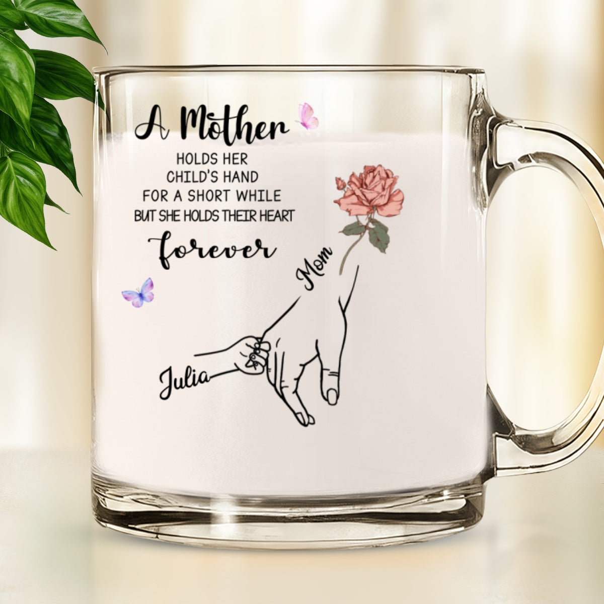 Mother Holds Her Children Heart Forever - Personalized Custom Glass Mug