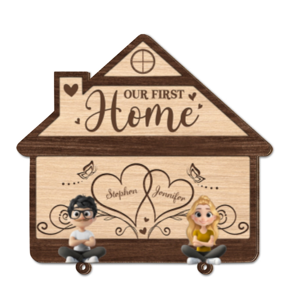 Our First Home - Personalized Wooden Key Holder With Keychain