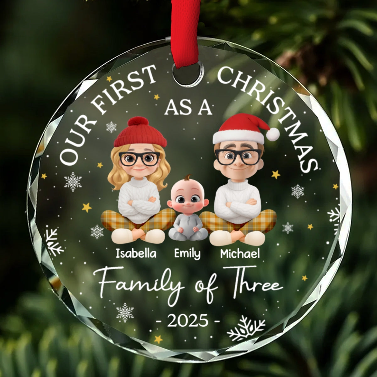 Family Of Three - Personalized Custom Glass Ornament