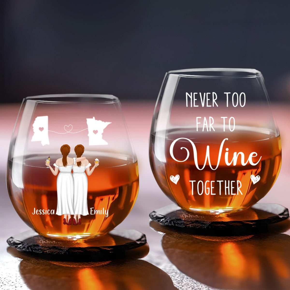 Never Too Far To Drink Wine Together - Personalized Custom Wine Glass