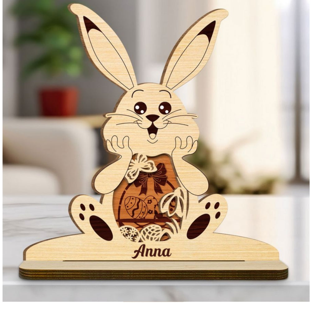 Bunny Bliss Celebration - Personalized Custom 2-Layer Wood Plaque With Flat Base