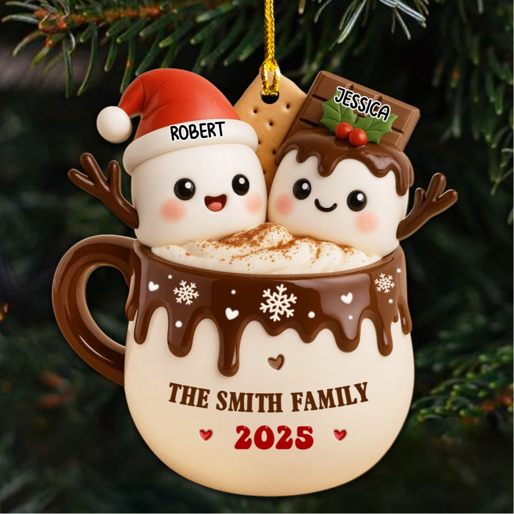 Marshmallow Family Hot Cocoa - Personalized Custom Wood Ornament