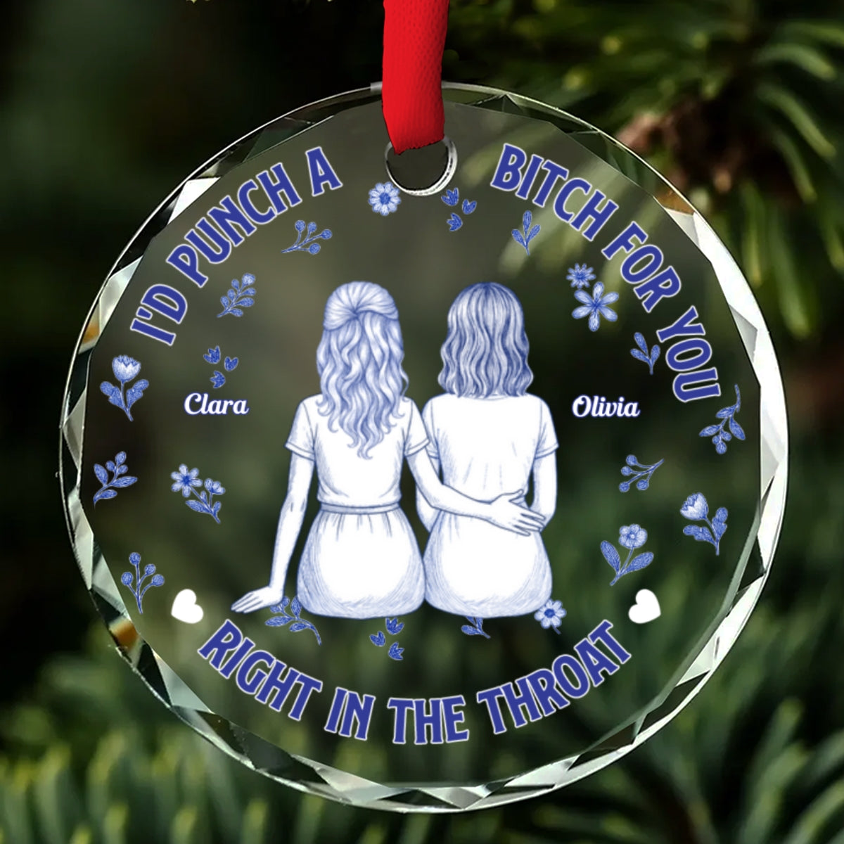 Punch Bitch Besties Blue Toile - Personalized Custom Glass Ornament