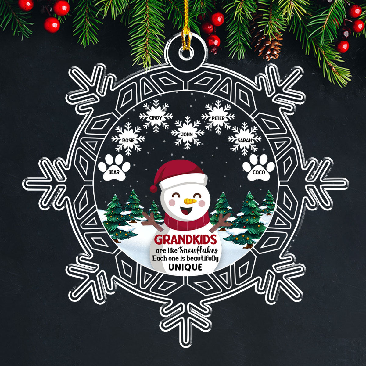 Snowman Grandma And Grandkids - Personalized Custom Acrylic Ornament