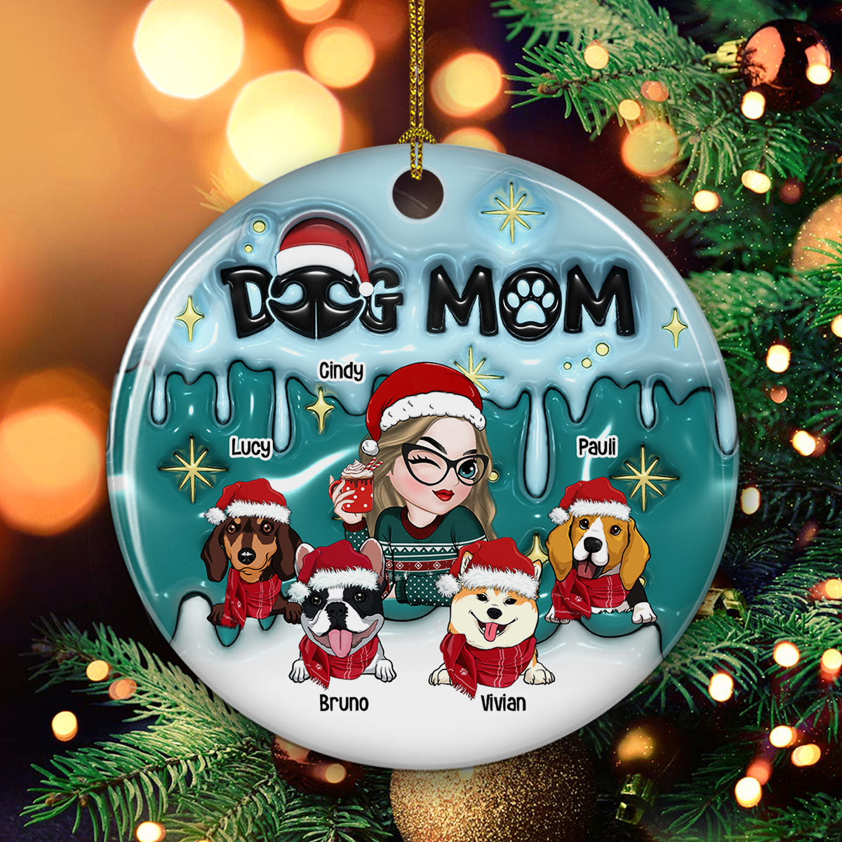 Holiday With Dog Mom - Personalized Custom 3D Inflated Effect Ceramic Ornament