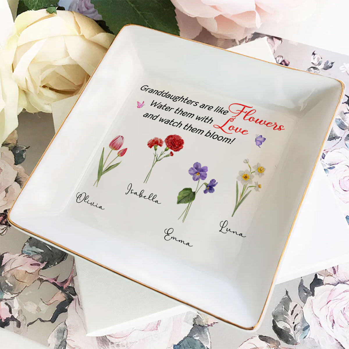 Granddaughters Are Like Flowers - Personalized Custom Jewelry Dish