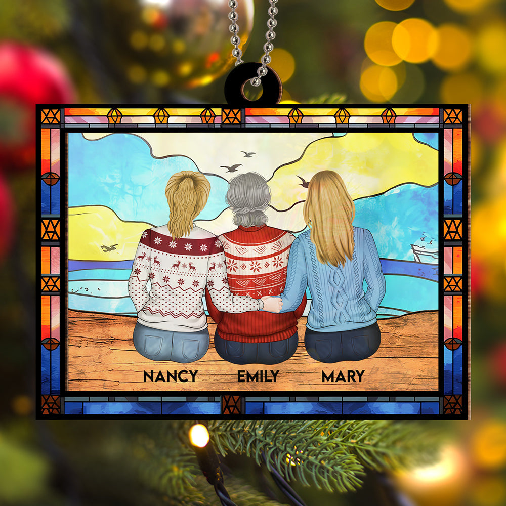 Mom And Children Sitting On The Beach - Personalized Custom Suncatcher Ornament