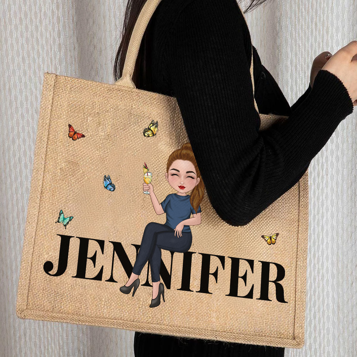 Cartoon Girl - Personalized Custom Jute Tote Bag