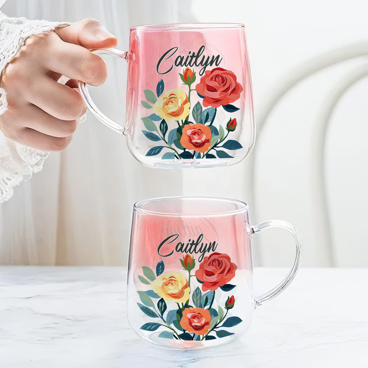 Custom Name Birth Month Flowers - Personalized Custom Pink Gradient Glass Mug