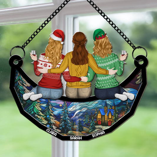 Besties Friends Sitting On The Moon - Personalized Custom Suncatcher