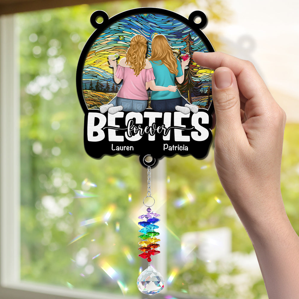 Besties Sitting Together - Personalized Custom Suncatcher With Crystal Rainbow Charm
