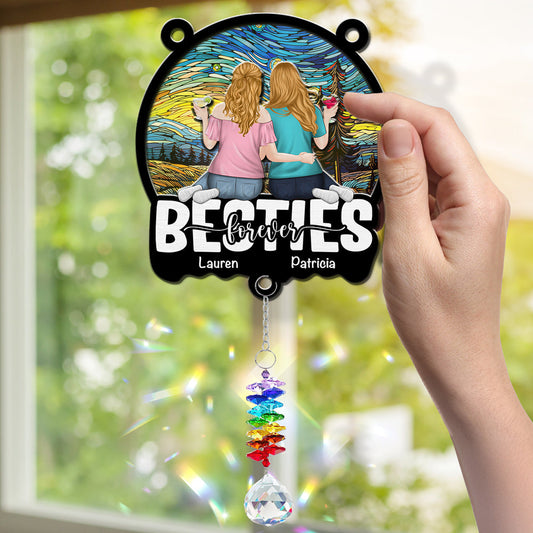 Besties Sitting Together - Personalized Custom Suncatcher With Crystal Rainbow Charm