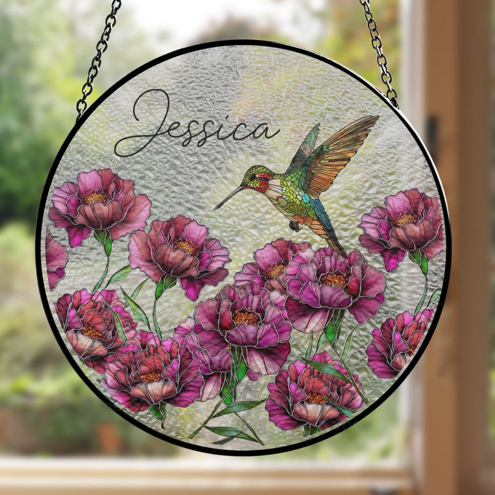 Hummingbird With Flower - Personalized Custom Window Hanging Suncatcher