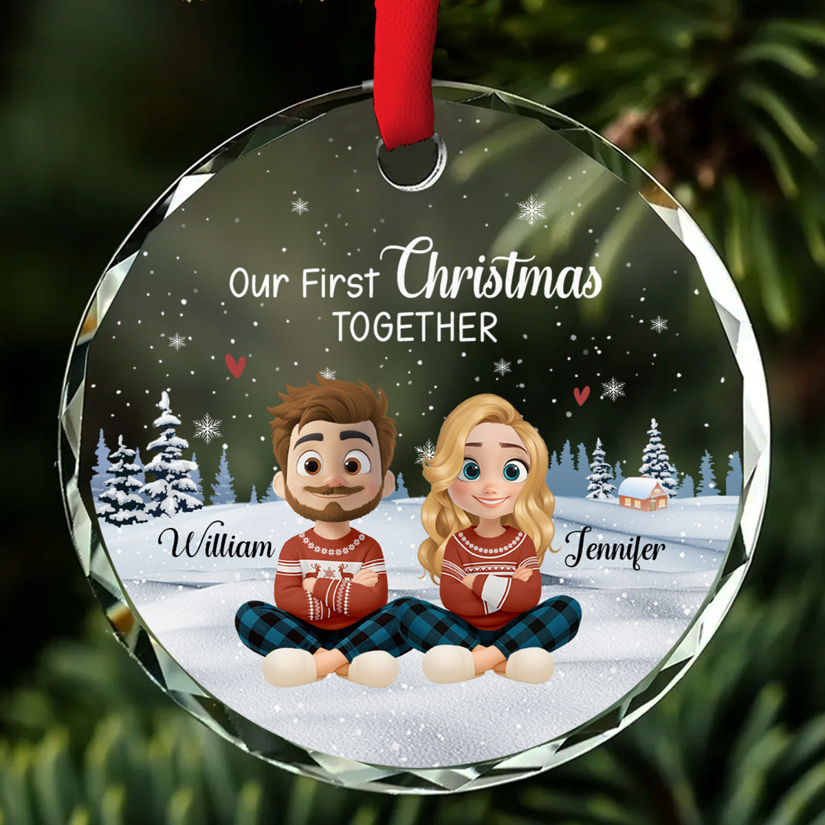 Our First Christmas Together Cartoonize - Personalized Custom Glass Ornament