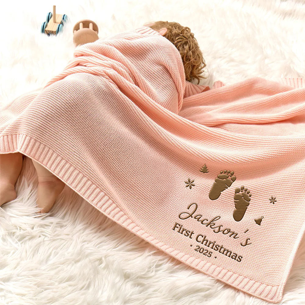 Baby First Christmas - Personalized Custom Embroidered Knitted Baby Blanket