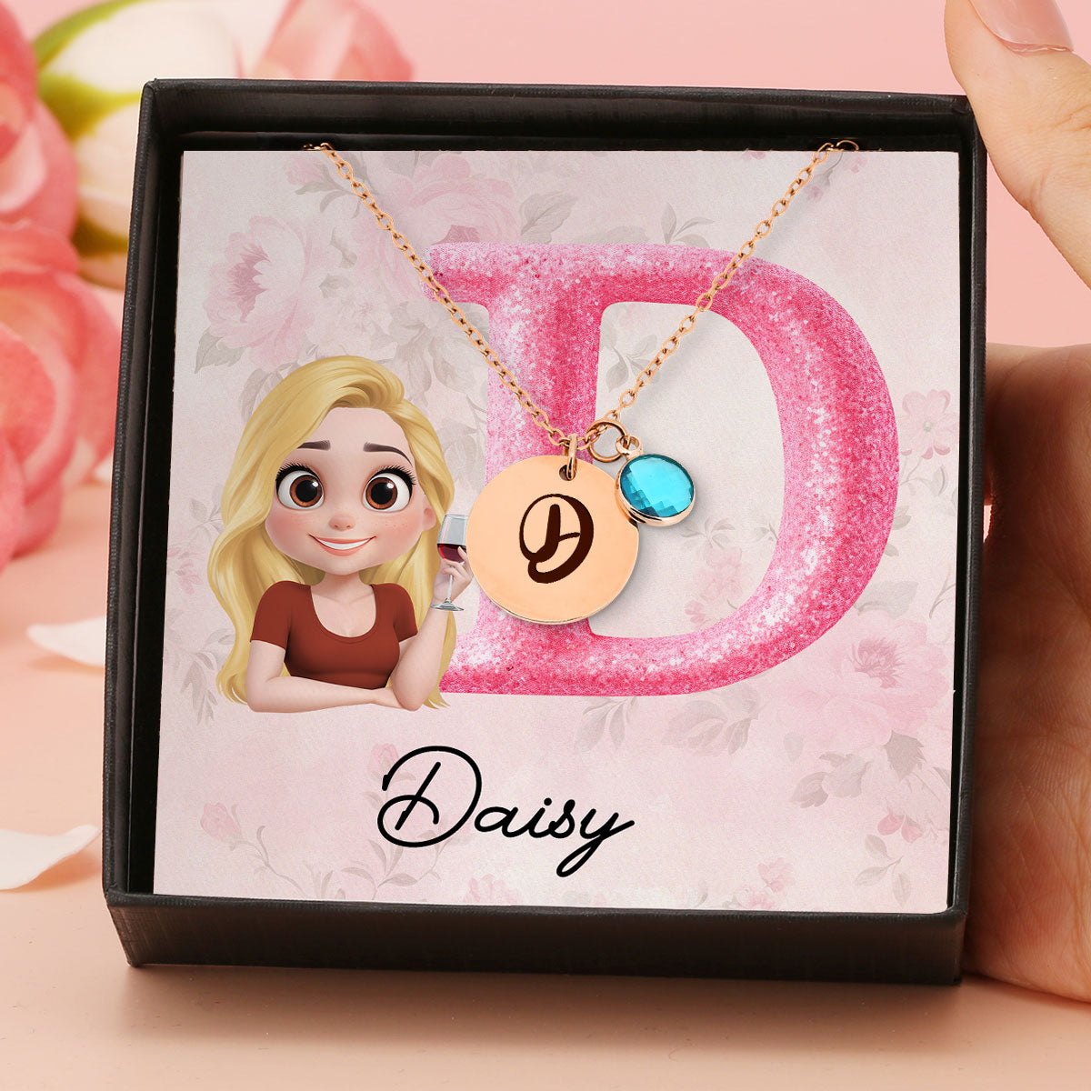 Glitter Alphabet Cartoon - Personalized Custom Birthstone Necklace With Message Card