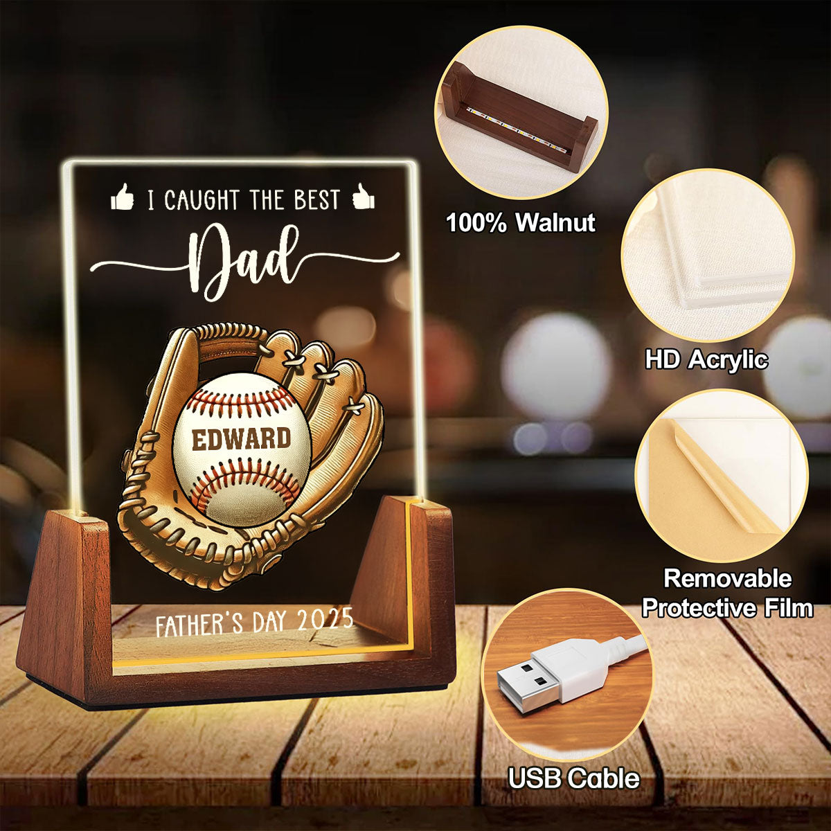 I Caught The Best Dad - Personalized Custom Plaque With Walnut Base