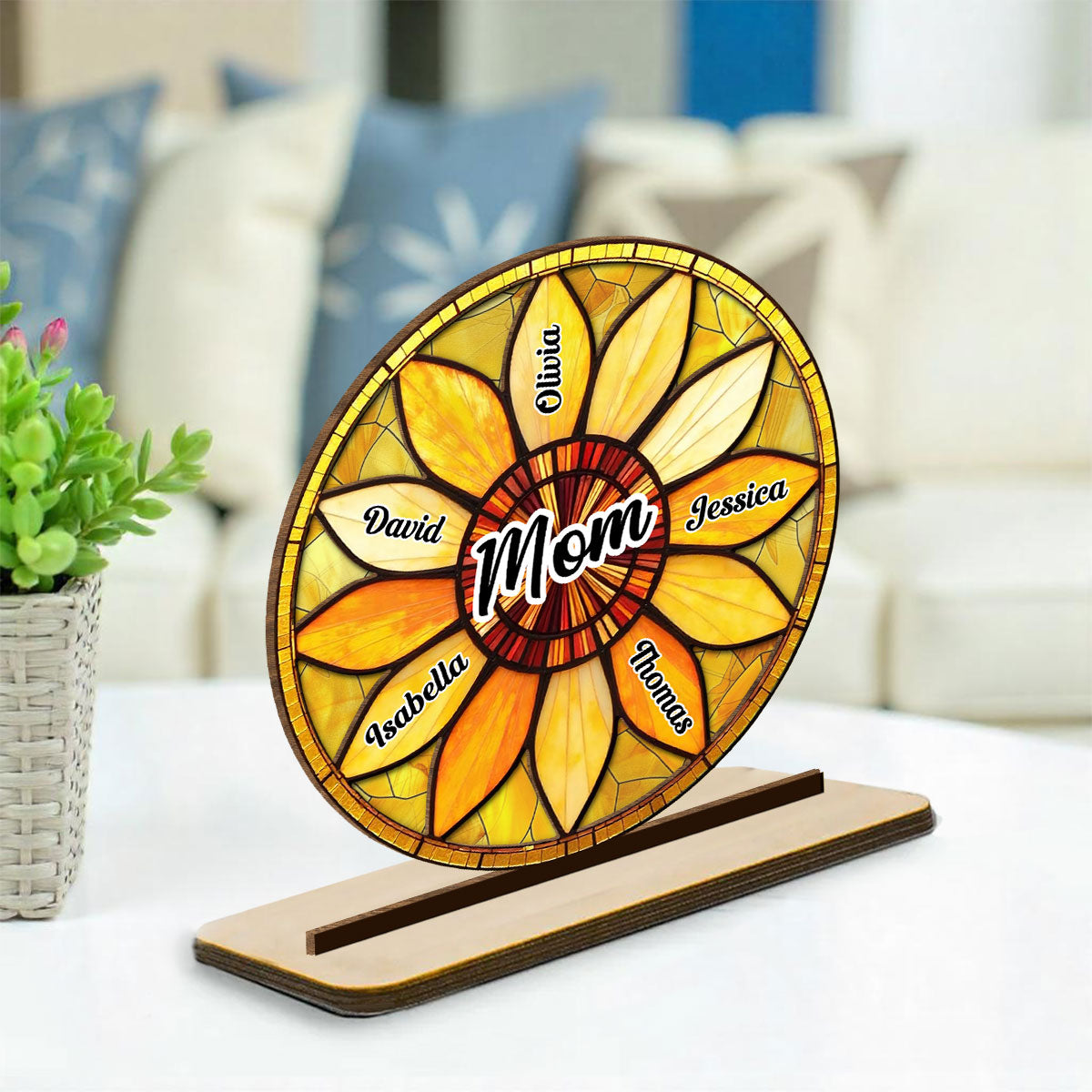 Family Sunflower - Personalized Custom 2-Layer Wood Plaque With Flat Base