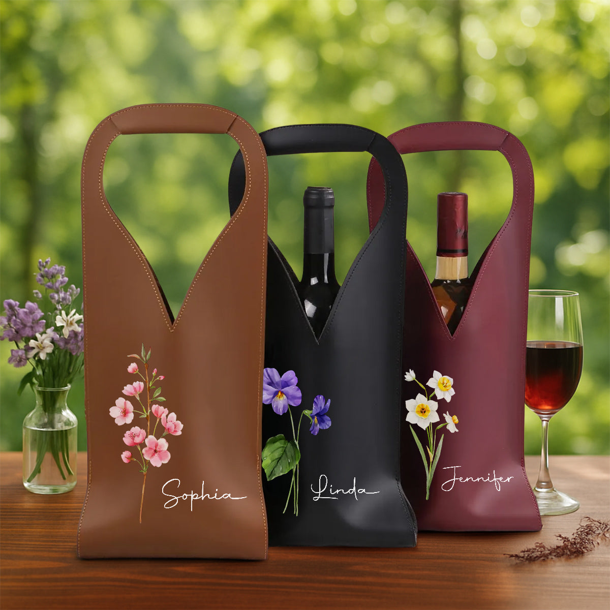 Friends Are Flowers That Never Fade - Personalized Custom Leather Wine Bag
