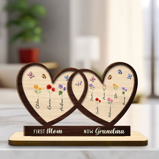 First Mom Now Grandma Flower -  Personalized Custom 2-Layer Wood Plaque With Flat Base
