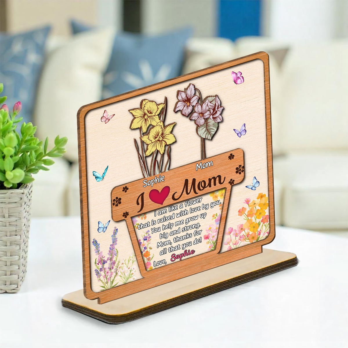 Growing Love Flower - Personalized Custom 2-Layer Wood Plaque With Flat Base
