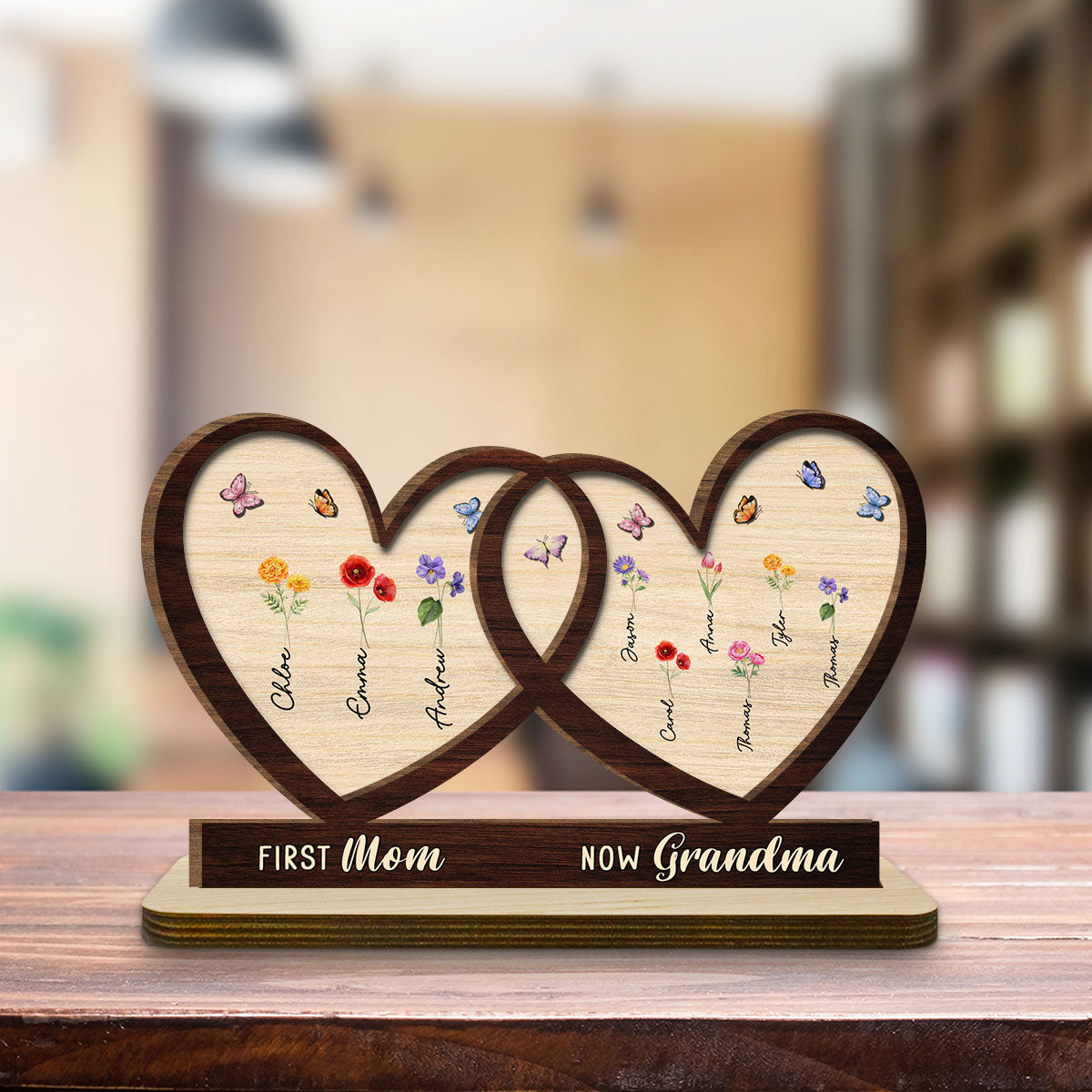 First Mom Now Grandma Flower -  Personalized Custom 2-Layer Wood Plaque With Flat Base